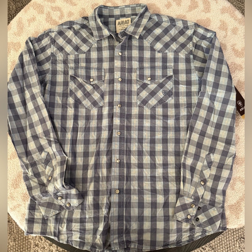 Ariat Men's Large Retro Fit Pearl Snap Shirt Long Sleeve Plaid Flannel Red Blue